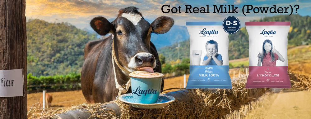 Laqtia real milk powder with a prepared coffee cup